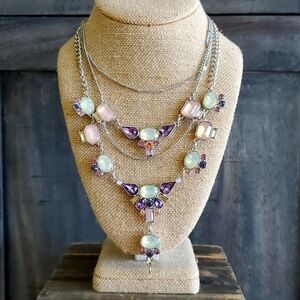 GUESS MULTI STRAND BIB NECKLACE W GEMS 15 inches,, 2 inch extension  pink purple